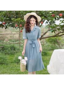 Korea style Elegant Blue Chiffon Short sleeve dress for women