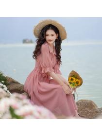 Korea style Elegant Pink Chiffon Short sleeve dress for women