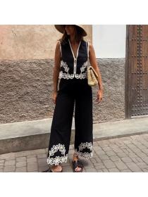 European style Matching Embroidery Sleeveless top+High waist pants 