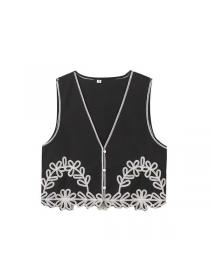 European style Matching Embroidery Sleeveless top+High waist pants 