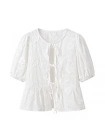 European style Summer Fashion Matching Round collar Embroidery Blouse 