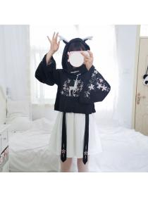 Japanese style Embroidery High Hoodies+High waist Skirt