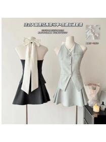Korea style Backless Square neck Top+Short skirt