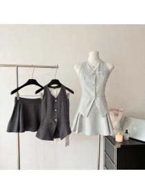 Korea style Backless Square neck Top+Short skirt