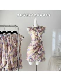 Korea style Summer Retro Fashion V neck Chiffon dress 