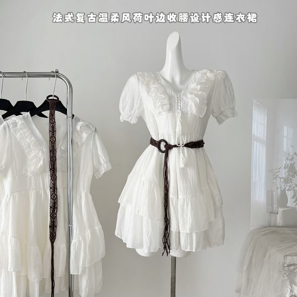 Korea style Summer White color V collar Short sleeve dress