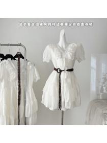 Korea style Summer White color V collar Short sleeve dress 