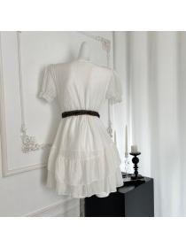 Korea style Summer White color V collar Short sleeve dress 