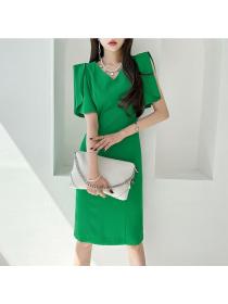 Korea style Summer V neck Short sleeve dress for women