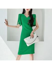 Korea style Summer V neck Short sleeve dress for women