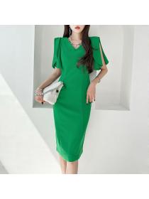 Korea style Summer V neck Short sleeve dress for women