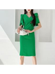 Korea style Summer V neck Short sleeve dress for women