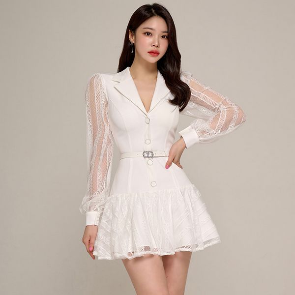 Korea style Fashion Lace Suit collar Long sleeve dress
