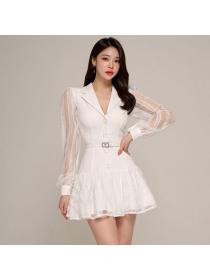 Korea style Fashion Lace Suit collar Long sleeve dress 