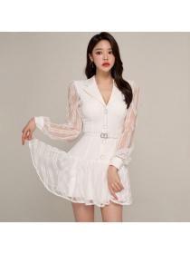 Korea style Fashion Lace Suit collar Long sleeve dress 