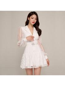 Korea style Fashion Lace Suit collar Long sleeve dress 