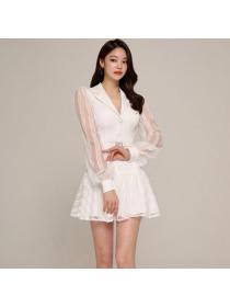 Korea style Fashion Lace Suit collar Long sleeve dress 