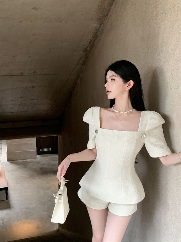 Korea style Elegant Square neck Backless top+High waist Shorts