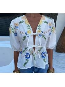 European style V neck Floral Short sleeve Top