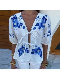 European style V neck Floral Short sleeve Top