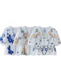 European style V neck Floral Short sleeve Top