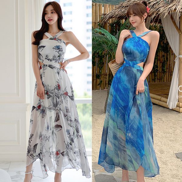 Korea stye Summer Chiffon Printed Maxi dress for women