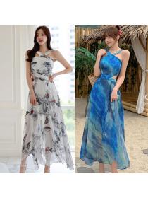 Korea stye Summer Chiffon Printed Maxi dress for women