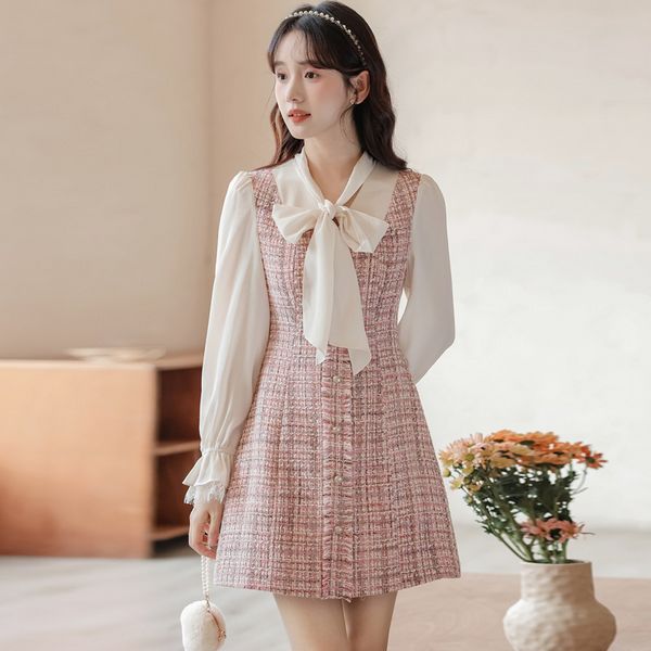 Korea style Pink Elegant Long sleeve dress for women