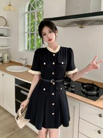 Vintage style Black Short sleeve Dress for women（with belt)