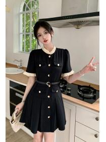 Vintage style Black Short sleeve Dress for women（with belt)