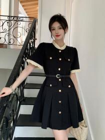 Vintage style Black Short sleeve Dress for women（with belt)