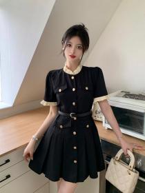 Vintage style Black Short sleeve Dress for women（with belt)