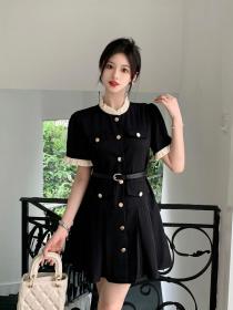 Vintage style Black Short sleeve Dress for women（with belt)