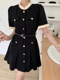 Vintage style Black Short sleeve Dress for women（with belt)