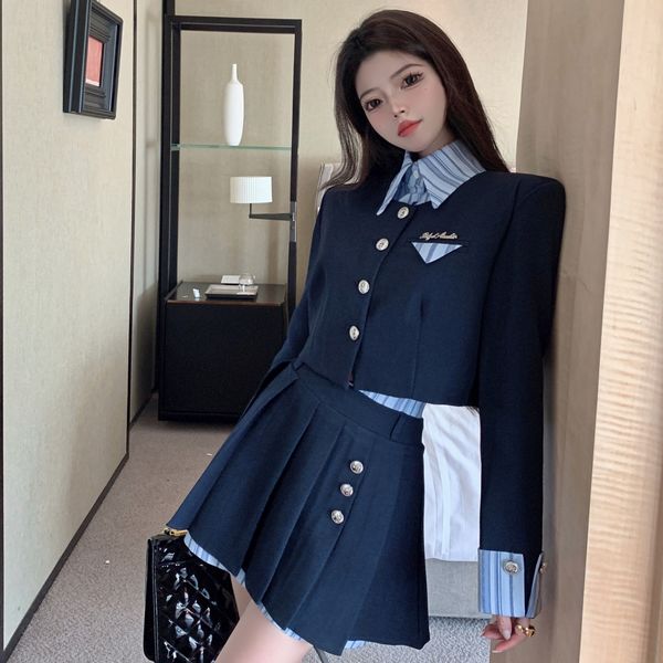 Korean style Polo collar Elegant High waist skirt+Stripe Jacket