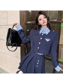 Korean style Polo collar Elegant High waist skirt+Stripe Jacket 