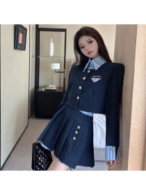 Korean style Polo collar Elegant High waist skirt+Stripe Jacket 