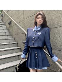 Korean style Polo collar Elegant High waist skirt+Stripe Jacket 