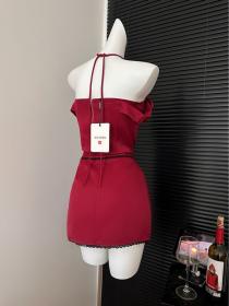 Korean style Sexy Red Rose Slim Top+Short skirt