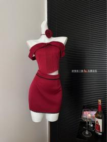 Korean style Sexy Red Rose Slim Top+Short skirt