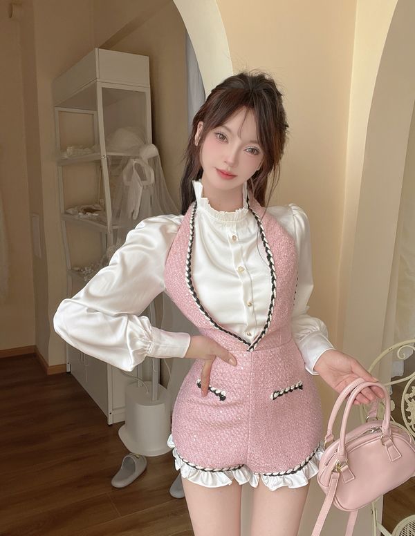 Korean style Autumn New White shirt+Pink sleeveless dress