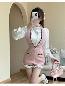 Korean style Autumn New White shirt+Pink sleeveless dress 