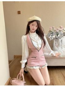 Korean style Autumn New White shirt+Pink sleeveless dress 