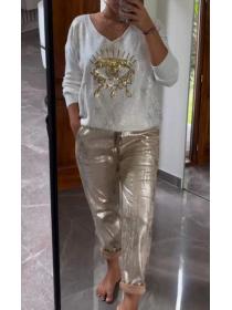 European style Sexy Sequins Solid color Top and pants