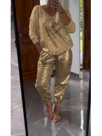 European style Sexy Sequins Solid color Top and pants