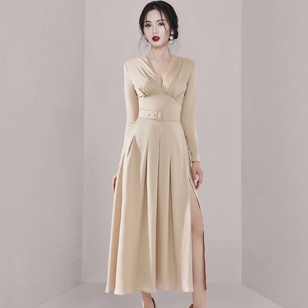 Korea style Elegant V neck Split dress for women