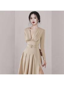 Korea style Elegant V neck Split dress for women