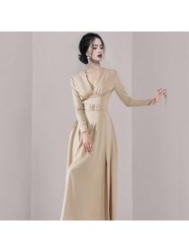 Korea style Elegant V neck Split dress for women