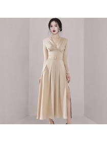 Korea style Elegant V neck Split dress for women