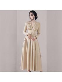 Korea style Elegant V neck Split dress for women